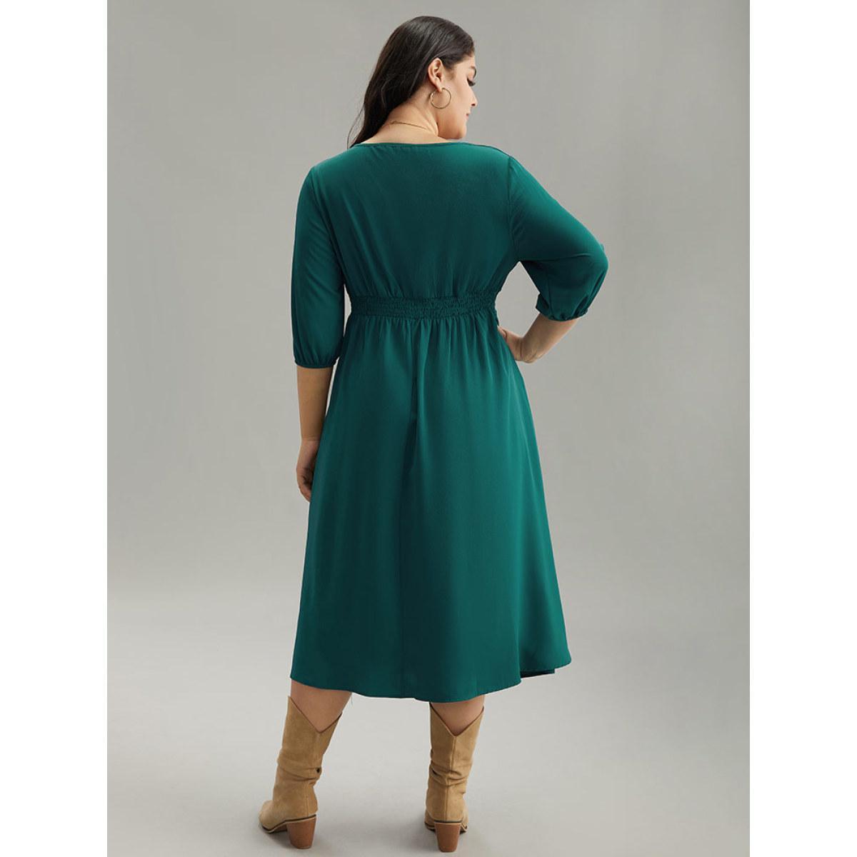 Plus Size Anti-Wrinkle Square Neck Pleated Gathered Dress Aegean Women Vacation Elastic cuffs Square Neck Elbow-length sleeve Curvy Midi Dress BloomChic 26/4X Product Image