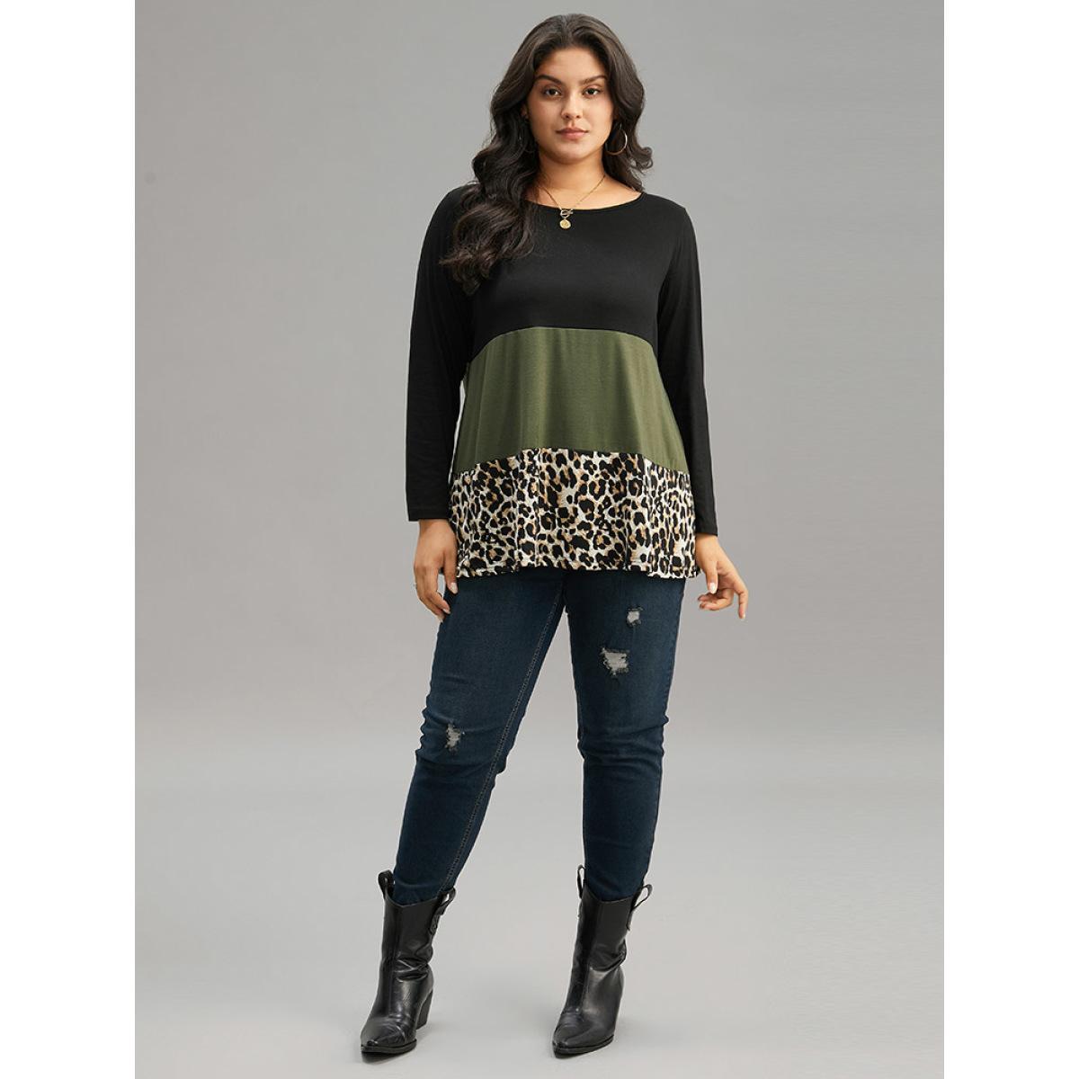 Plus Size Colorblock Leopard Contrast Round Neck T-shirt Multicolor Women Casual Contrast Leopard Round Neck Everyday T-shirts BloomChic 10/M Product Image
