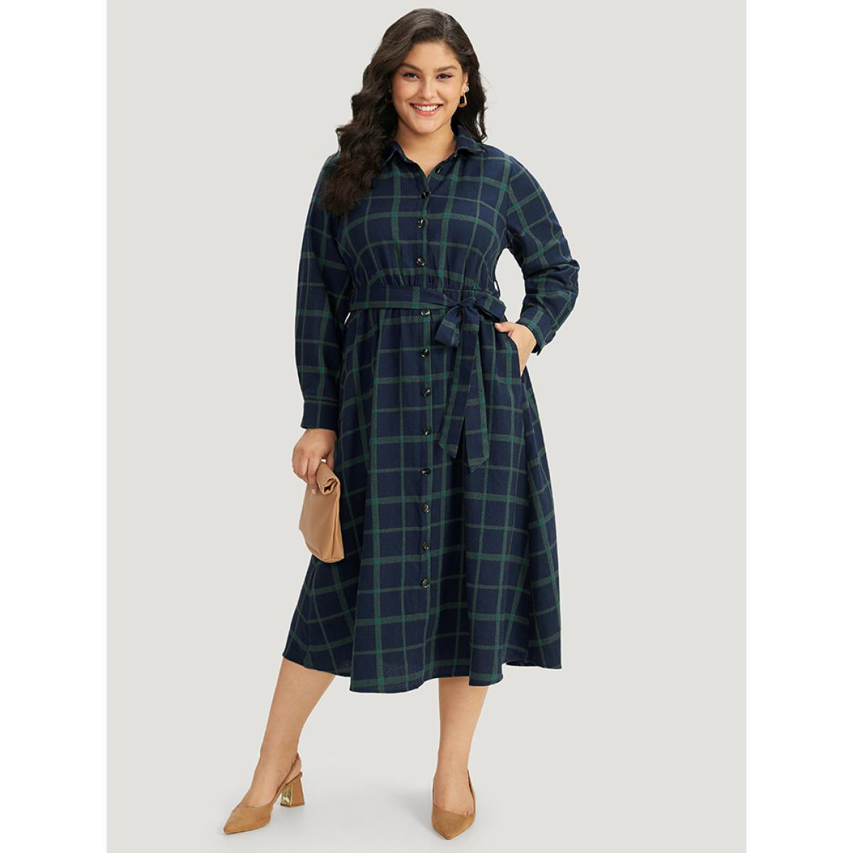 Plus Size Plaid Shirt Collar Button Fly Belted Dress Blue Women Office Belted Shirt collar Long Sleeve Curvy Midi Dress BloomChic 28/5X Product Image