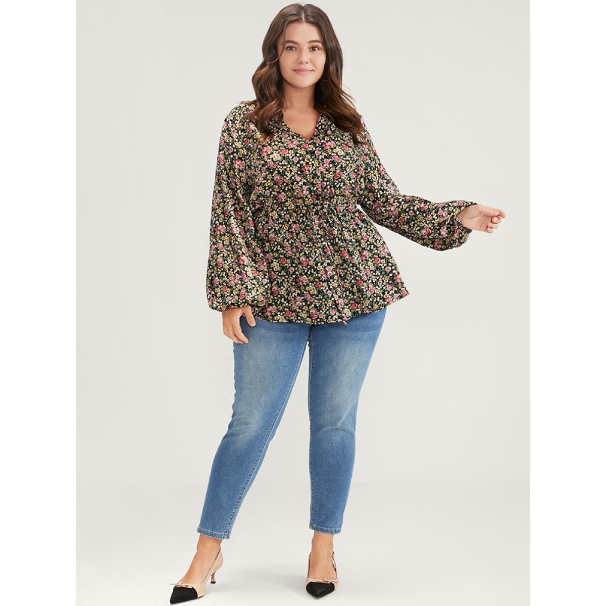 Plus Size Black Ditsy Floral Ties Lantern Sleeve Blouse Women Elegant Long Sleeve V-neck Dailywear Blouses BloomChic 30/6X Product Image