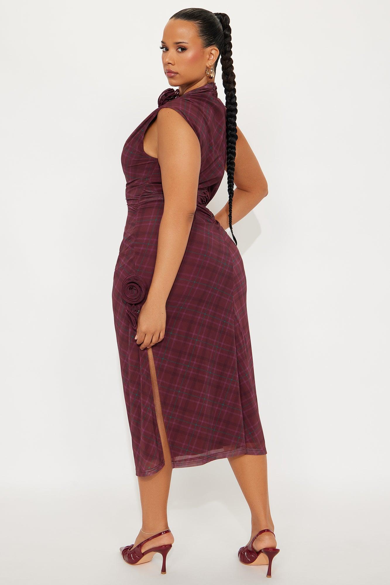 Rosie Ruched Plaid Mini Dress - Burgundy Product Image