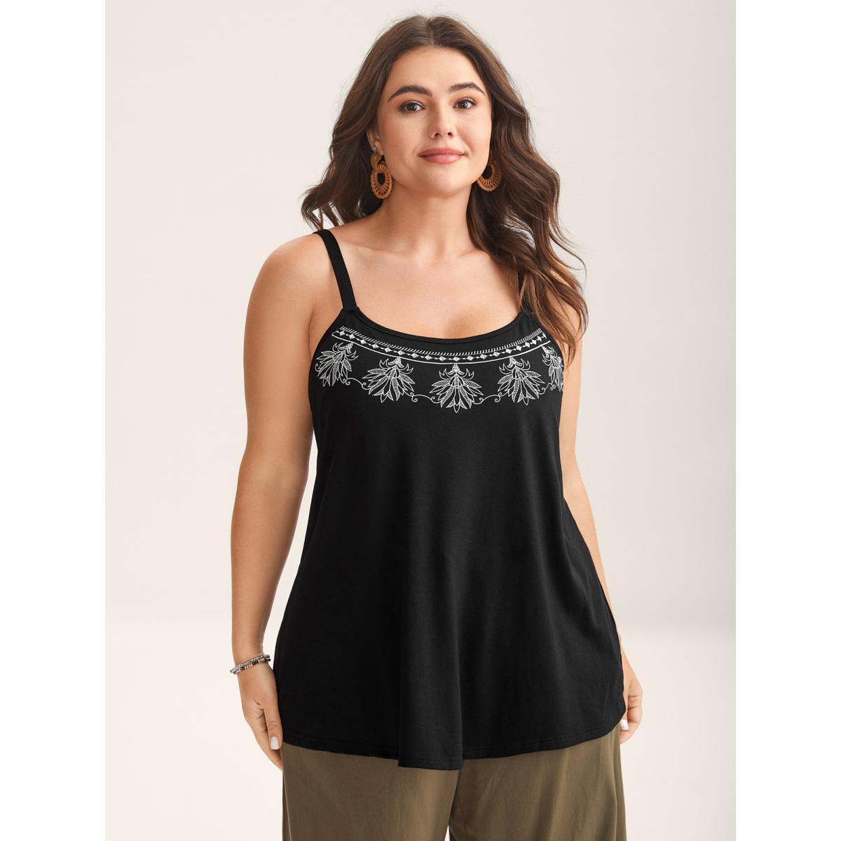 Plus Size Boho Embroidery Plain Tank Top Women Black Embroidered Non Vacation Tank Tops Camis BloomChic 30/6X Product Image