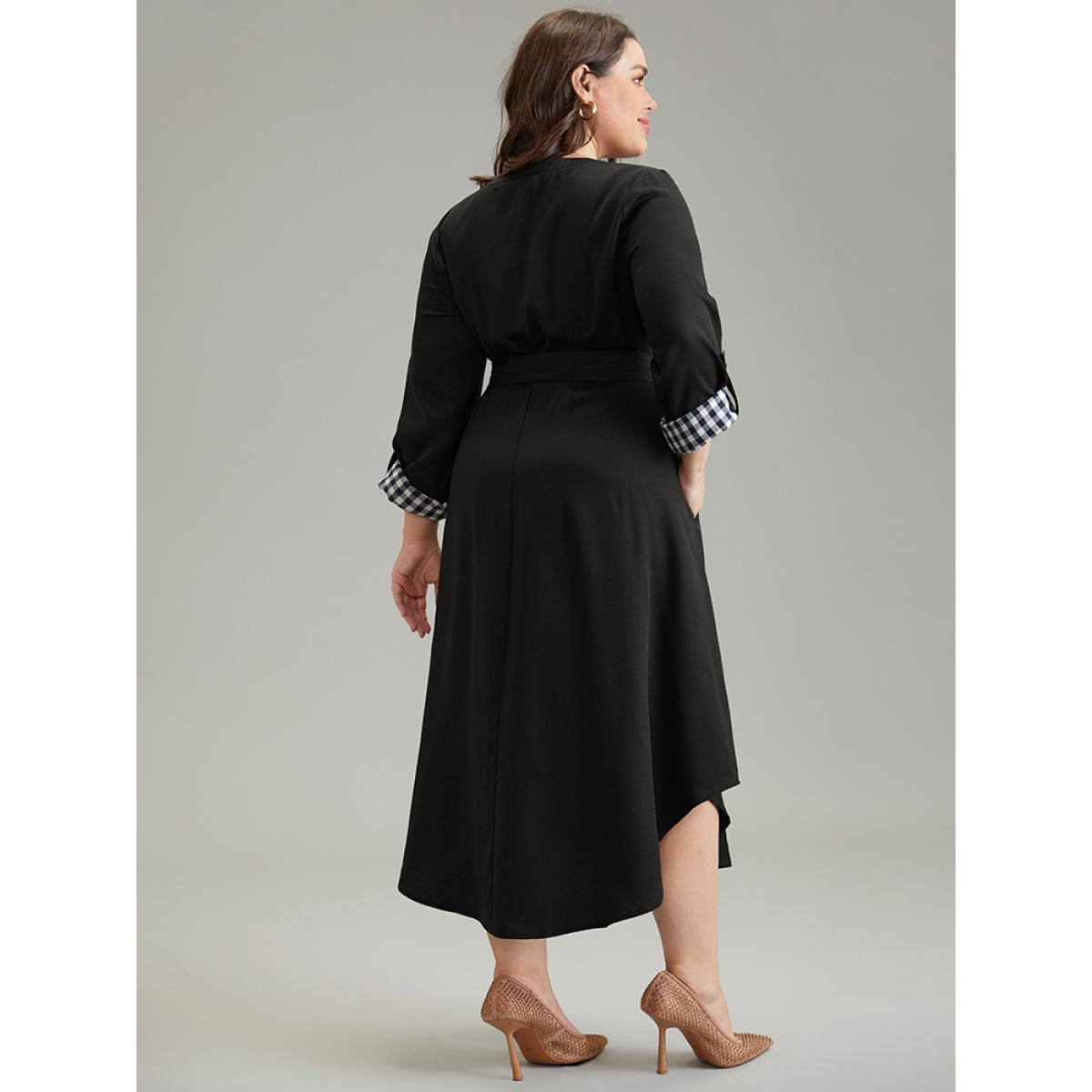 Plus Size Gingham Notched Belted Curved Hem Tab Sleeve Dress Black Women Office Plain Notched collar Long Sleeve Curvy Midi Dress BloomChic 30/6X Product Image