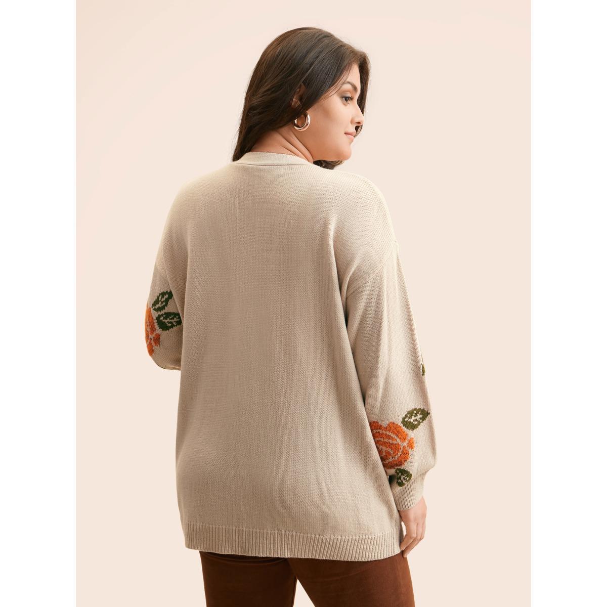 Plus Size Floral Texture Patch Pocket Cardigan LightBrown Women Casual Loose Long Sleeve Everyday Cardigans BloomChic 14-16/1X Product Image