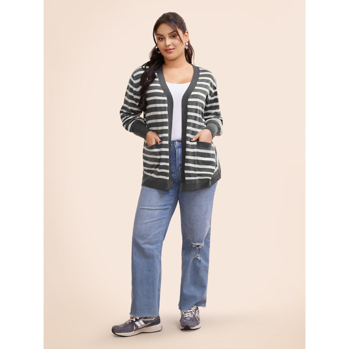 Plus Size Striped Lantern Sleeve Patched Pocket Cardigan DimGray Women Casual Loose Long Sleeve Everyday Cardigans BloomChic 22-24/3X Product Image