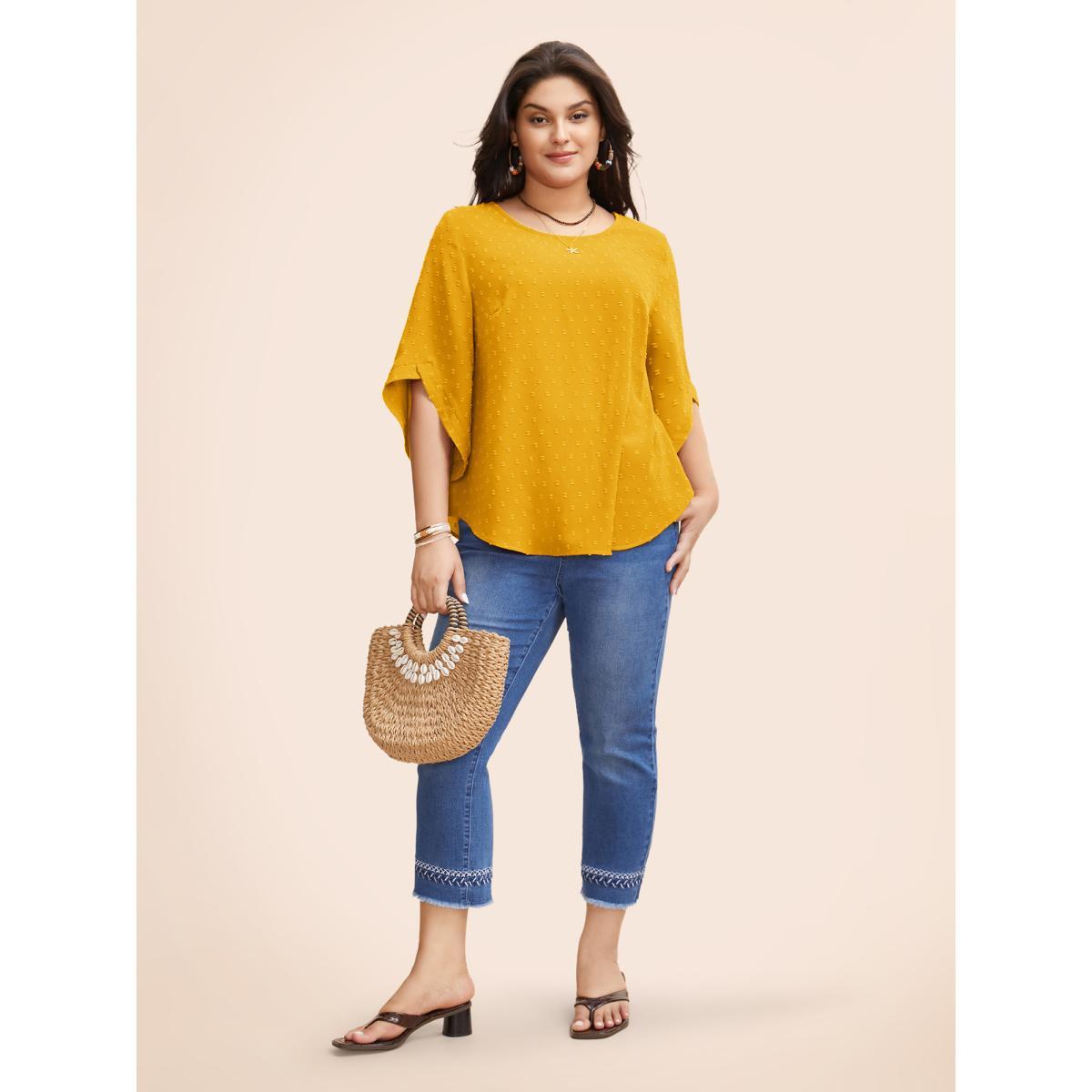 Plus Size Lemonyellow Textured Round Neck Bell Sleeve Blouse Women Elegant Elbow-length sleeve Round Neck Everyday Blouses BloomChic 26/4X Product Image