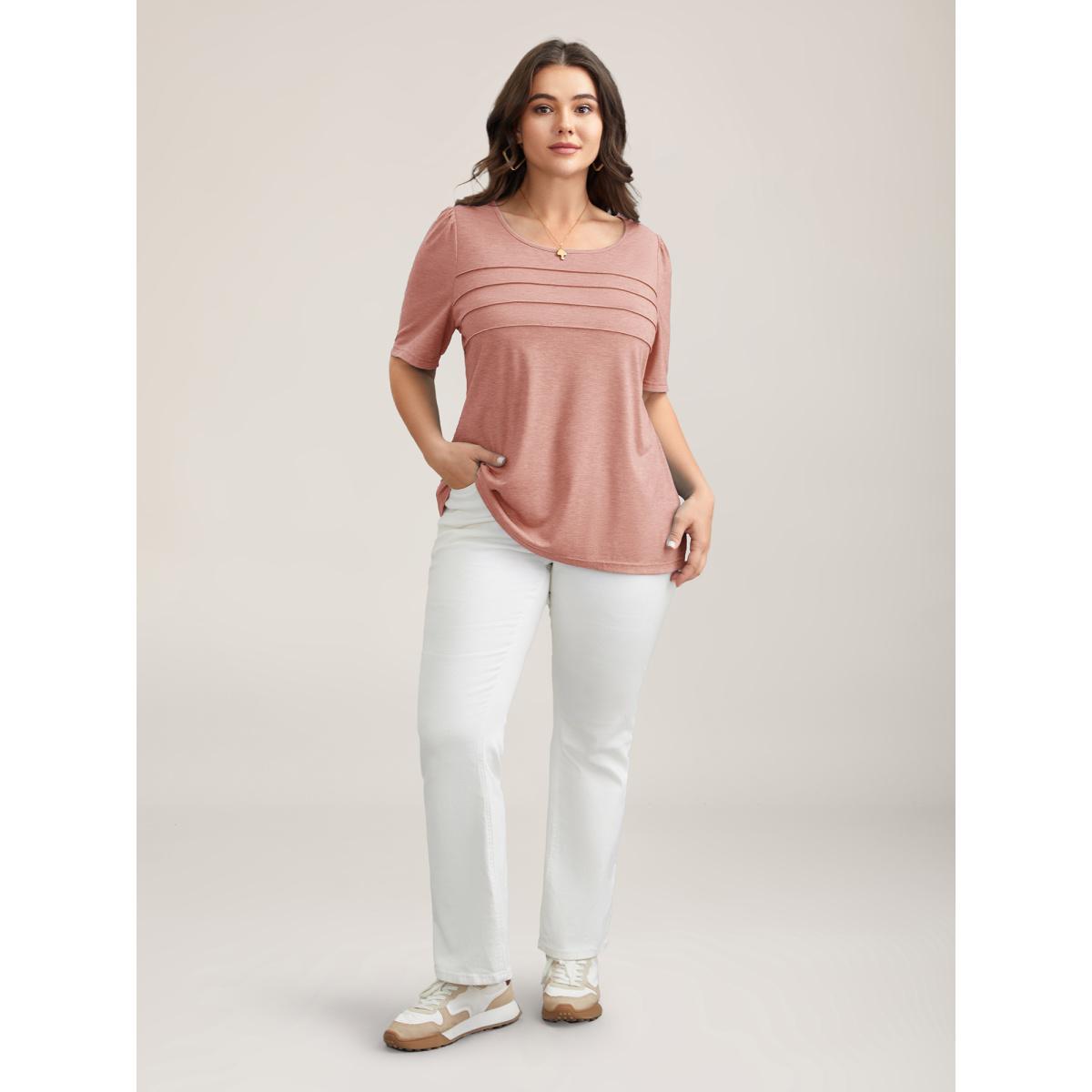 Plus Size Seamed Round Neck Fitted T-Shirt Nudepink Women Casual Tucked seam Round Neck Everyday T-shirts BloomChic 30/6X Product Image