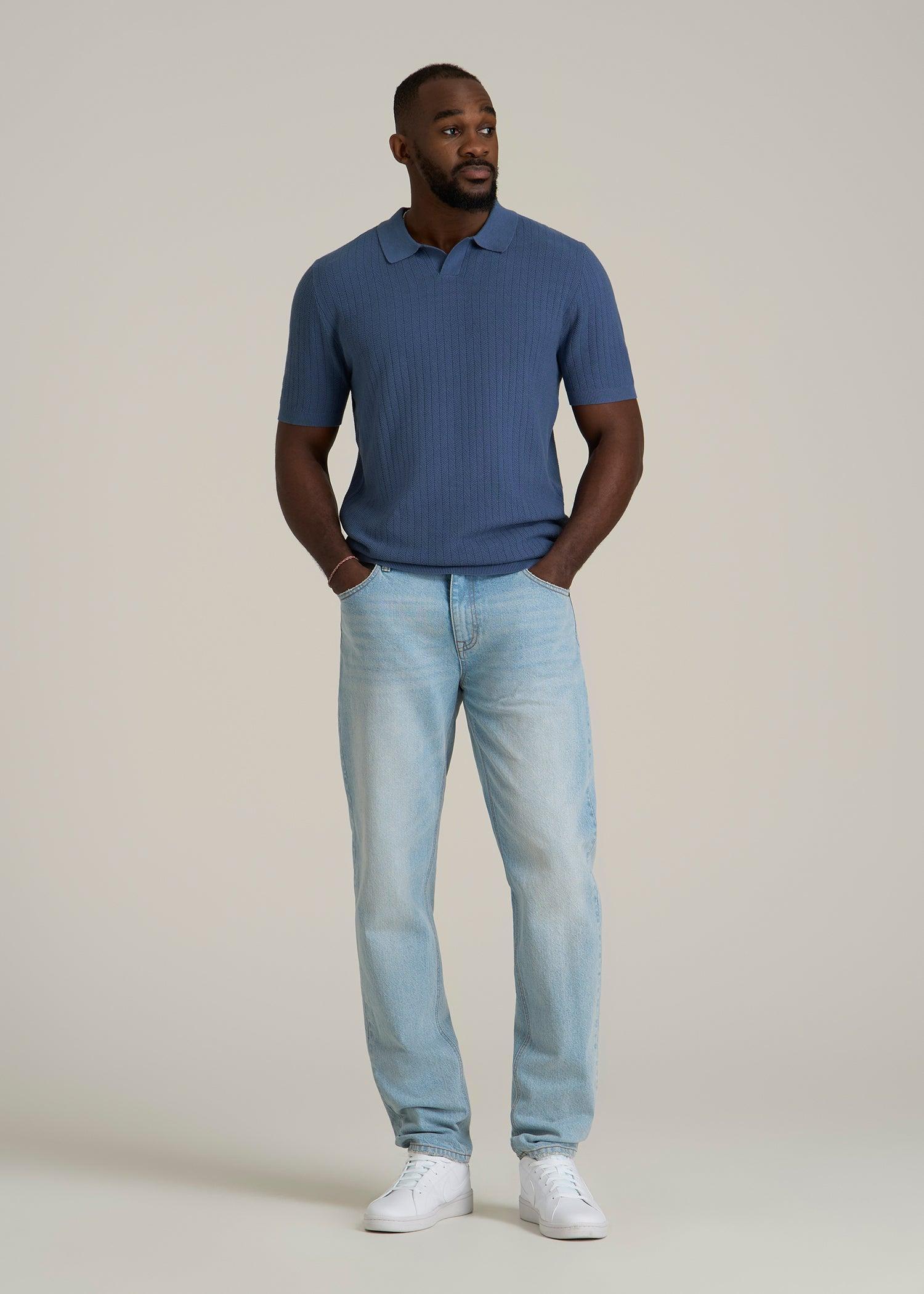 Linen Blend Ribbed Knit Polo Shirt for Tall Men in Steel Blue Product Image
