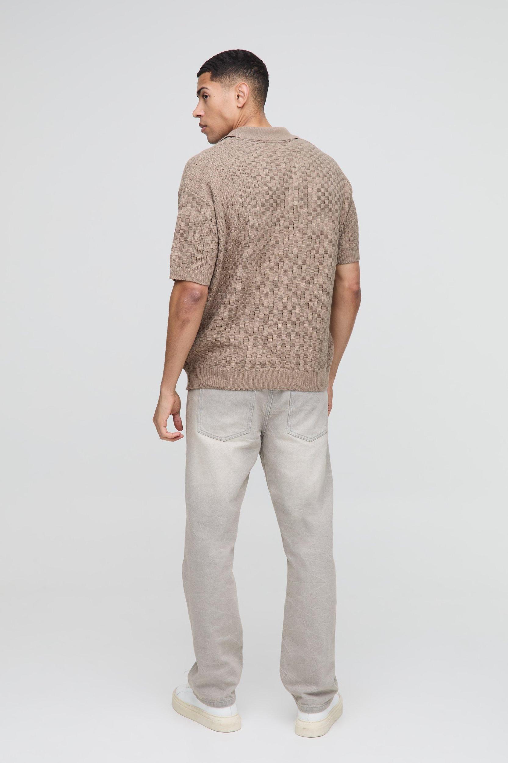 Oversized Boxy Revere Collar Basket Knitted Polo | boohooMAN USA Product Image