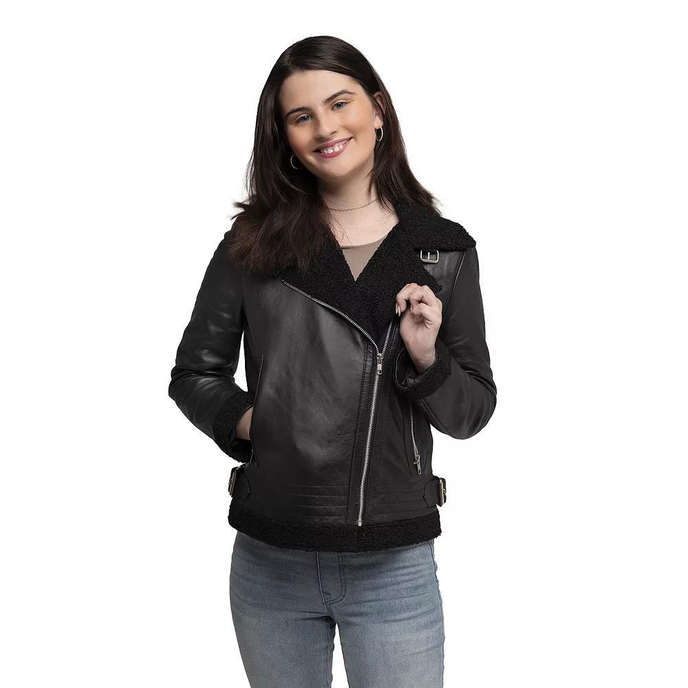 Women's Whet Blu Chelsea Asymmetrical Faux-Fur Lined Lamb Jacket, Size: Large, Black Product Image