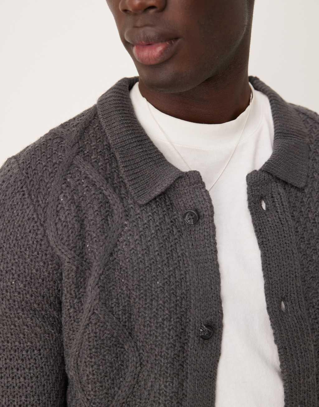 ASOS DESIGN cable knit cardigan with collar in charcoal Product Image