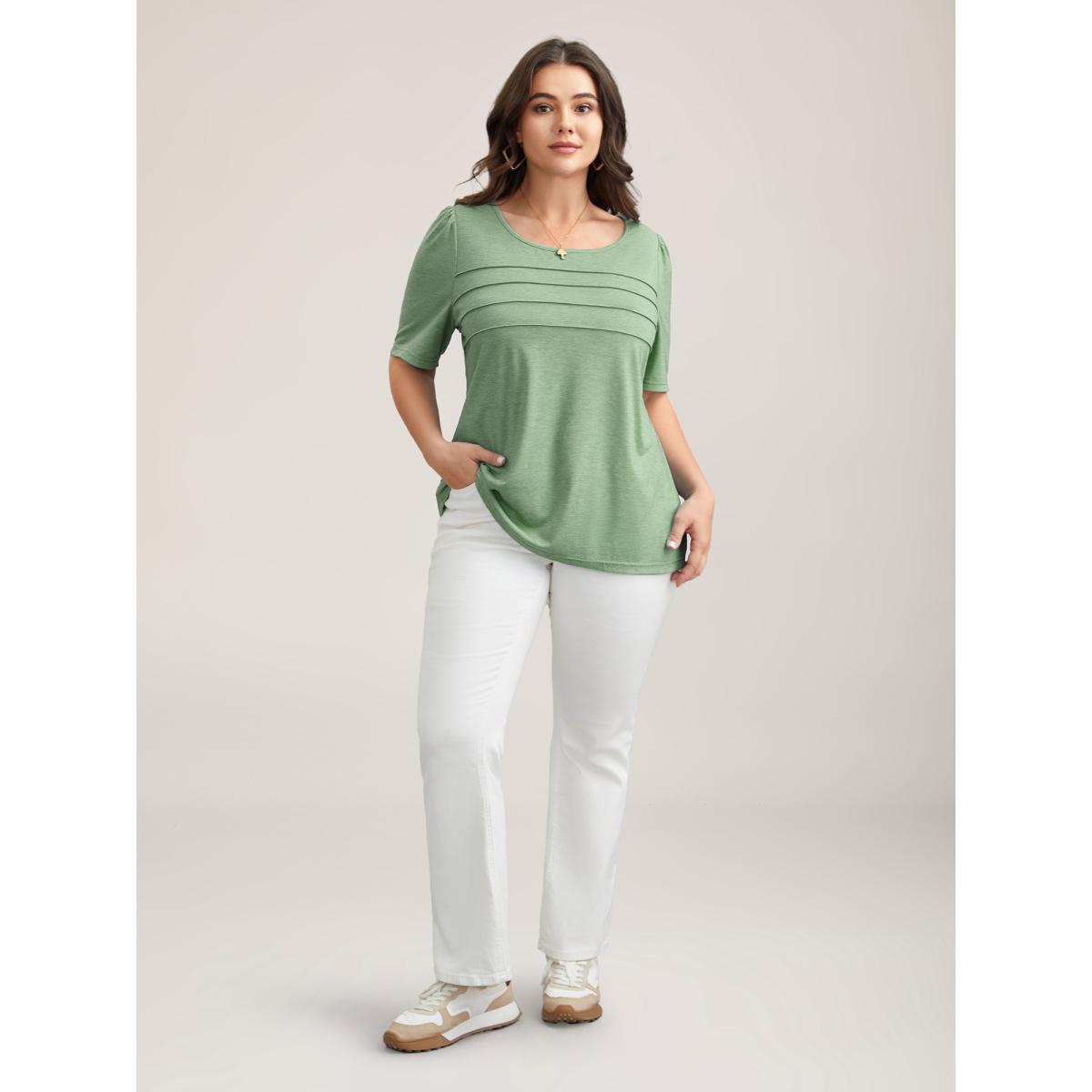 Plus Size Seamed Round Neck Fitted T-Shirt Greenbean Women Casual Tucked seam Round Neck Everyday T-shirts BloomChic 12/L Product Image