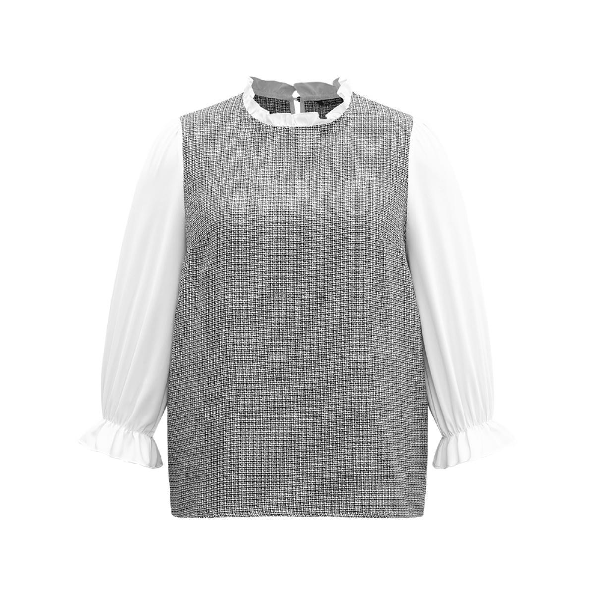 Plus Size White Gingham Ruffles Patchwork Frill Trim Blouse Women Office Long Sleeve Stand-up collar Work Blouses BloomChic 22-24/3X Product Image