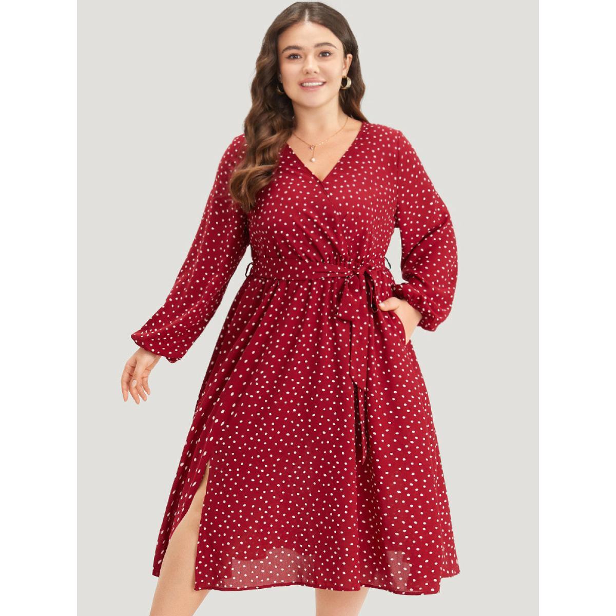 Plus Size Polka Dot Split Side Belted Lantern Sleeve Dress Scarlet Women Elegant Elastic cuffs V-neck Long Sleeve Curvy Midi Dress BloomChic 30/6X Product Image