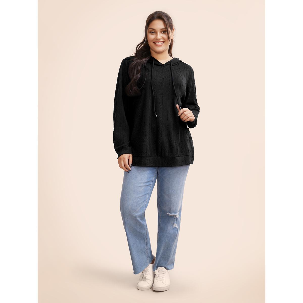 Plus Size Plain Textured Hooded Drawstring Sweatshirt Women Black Casual Elastic cuffs Hooded Everyday Sweatshirts BloomChic 26/4X Product Image