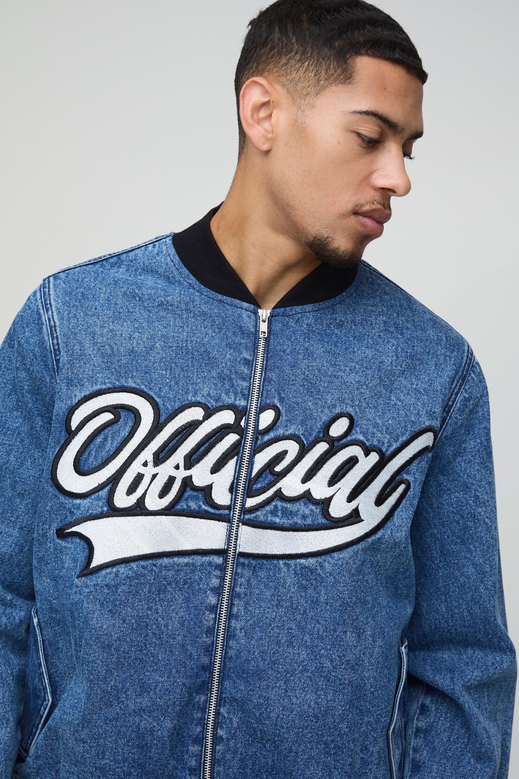 Boxy Official Embroidered Dark Wash Denim Bomber | boohooMAN USA Product Image