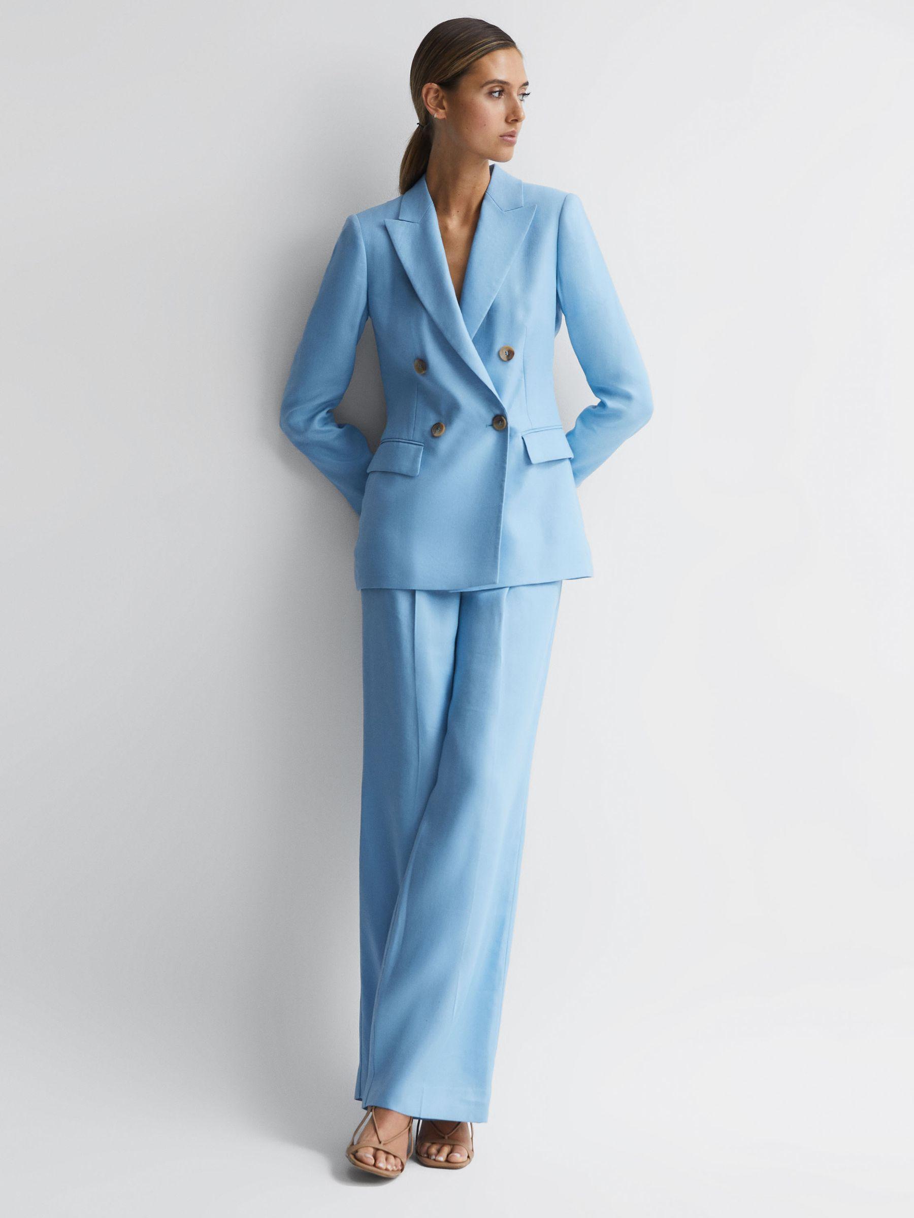 Petite Double Breasted Linen Blazer in Blue Product Image