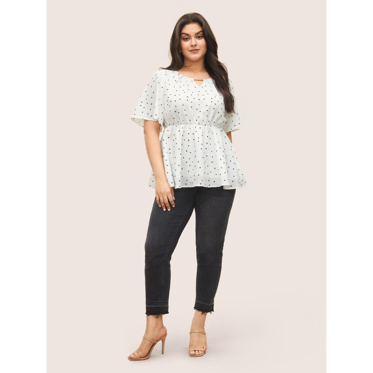 Plus Size White Keyhole Polka Dot Style Accents Ruffle Sleeve Blouse Women Elegant Short sleeve Round Neck Everyday Blouses BloomChic 28/5X Product Image