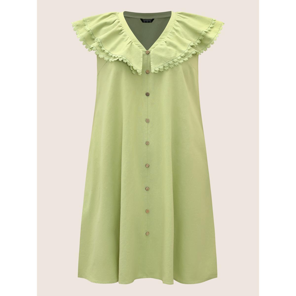 Plus Size Lace Patchwork Button Detail Tiered Ruffles Dress LightGreen Women Casual Woven ribbon&lace trim V-neck Sleeveless Curvy BloomChic 14-16/1X Product Image