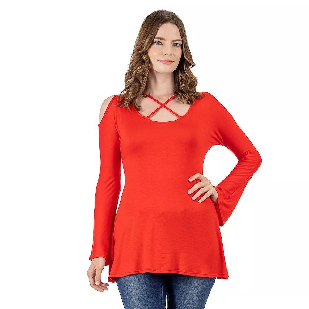 Women's 24Seven Comfort Apparel Criss Cross Cold Shoulder Long Sleeve Top, Size: 1XL, Red Product Image