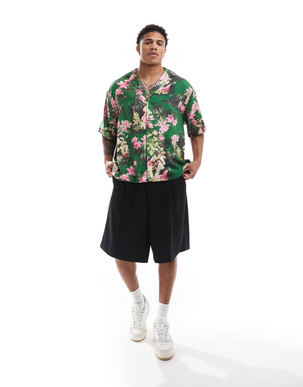 ASOS DESIGN oversized camp collar shirt with cello player hawaiian print Product Image