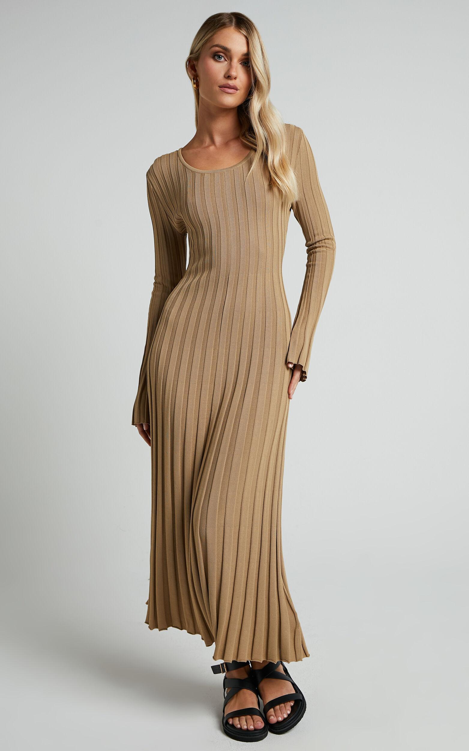 Blaire Midi Dress - Long Sleeve Tie Back Flare Dress in Roasted Cashew Product Image