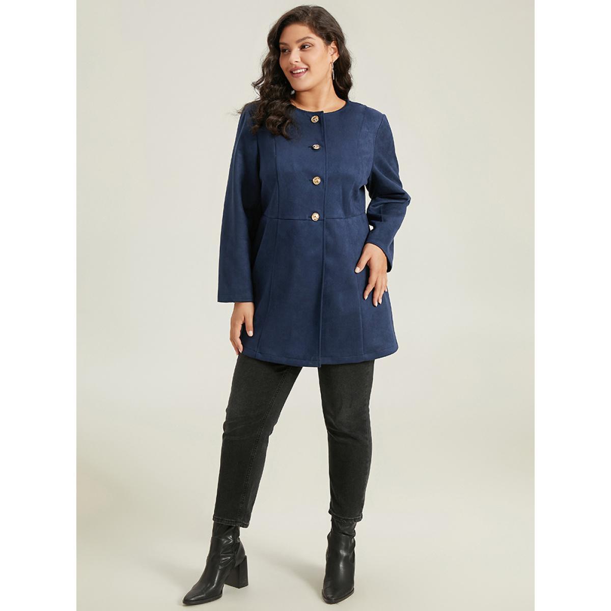 Plus Size Plain Pleated Metal Detail Jacket Women DarkBlue Casual Plain Ladies Dailywear Winter Coats BloomChic 28/5X Product Image