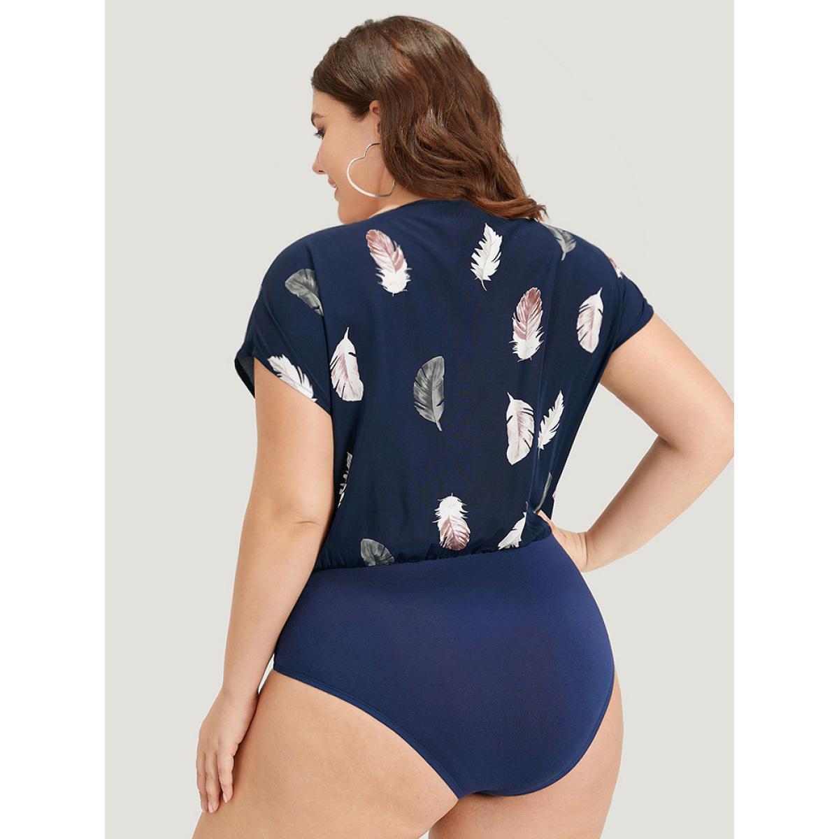Plus Size Feather Print Keyhole Batwing Sleeve Bodysuit Women DarkBlue Feather Printed Bodysuits BloomChic 12/L Product Image