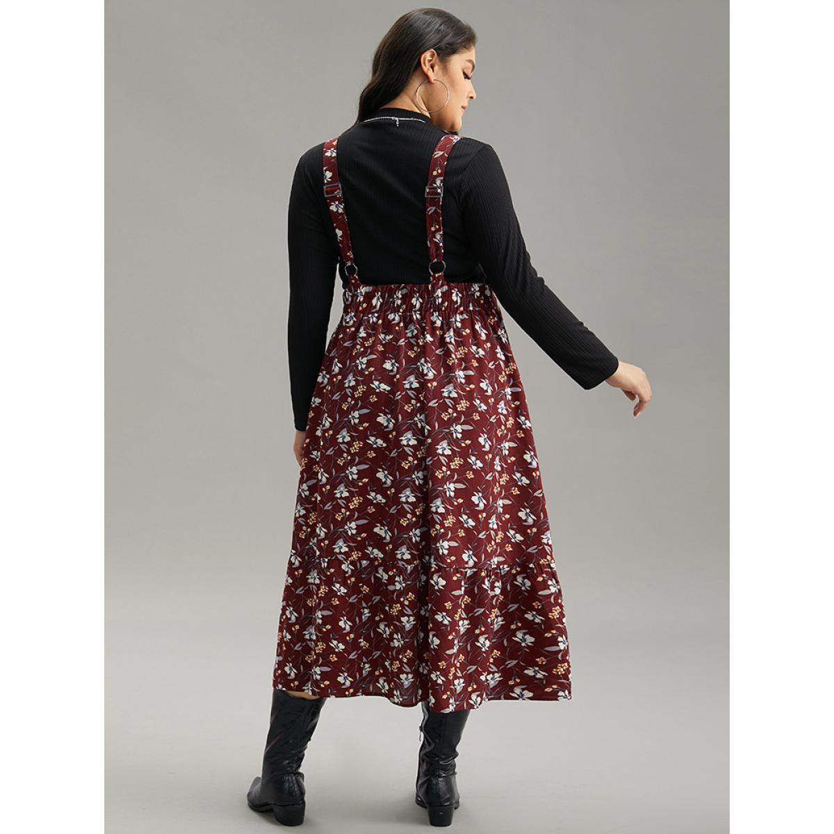 Plus Size Floral Print Adjustable Straps Elastic Waist Cami Dress Maroon Women Casual Adjustable Straps Spaghetti Strap Sleeveless Curvy Midi Dress BloomChic 30/6X Product Image