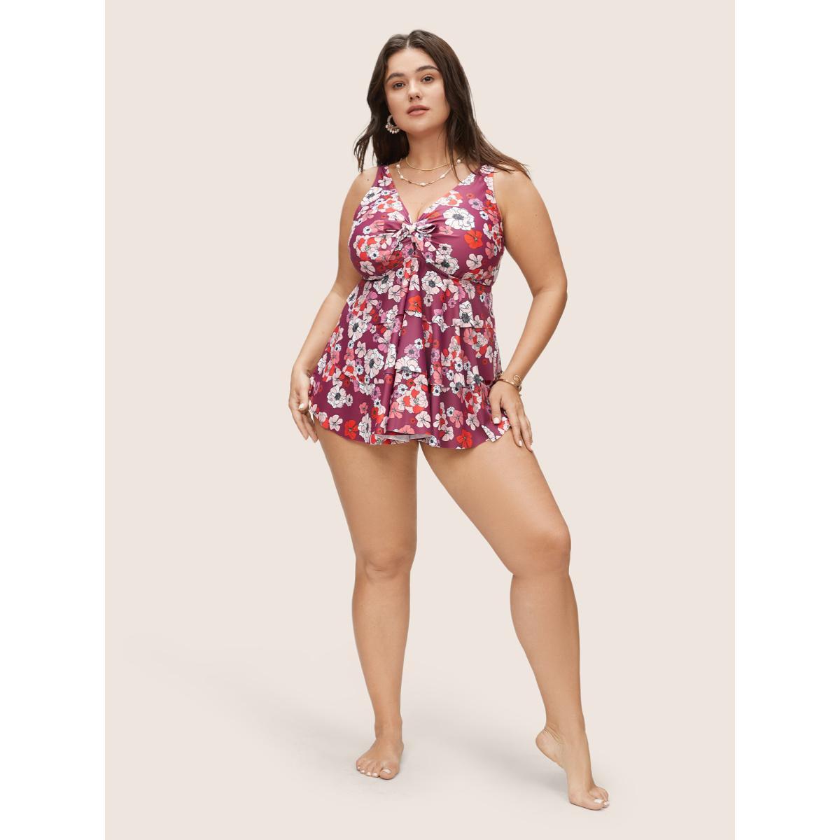 Plus Size Ditsy Floral Bowknot Flutter Layered Hem Swim Top Women's Swimwear RedViolet Beach Non High stretch Bodycon V-neck Curve Swim Tops BloomChic 22-24/3X Product Image