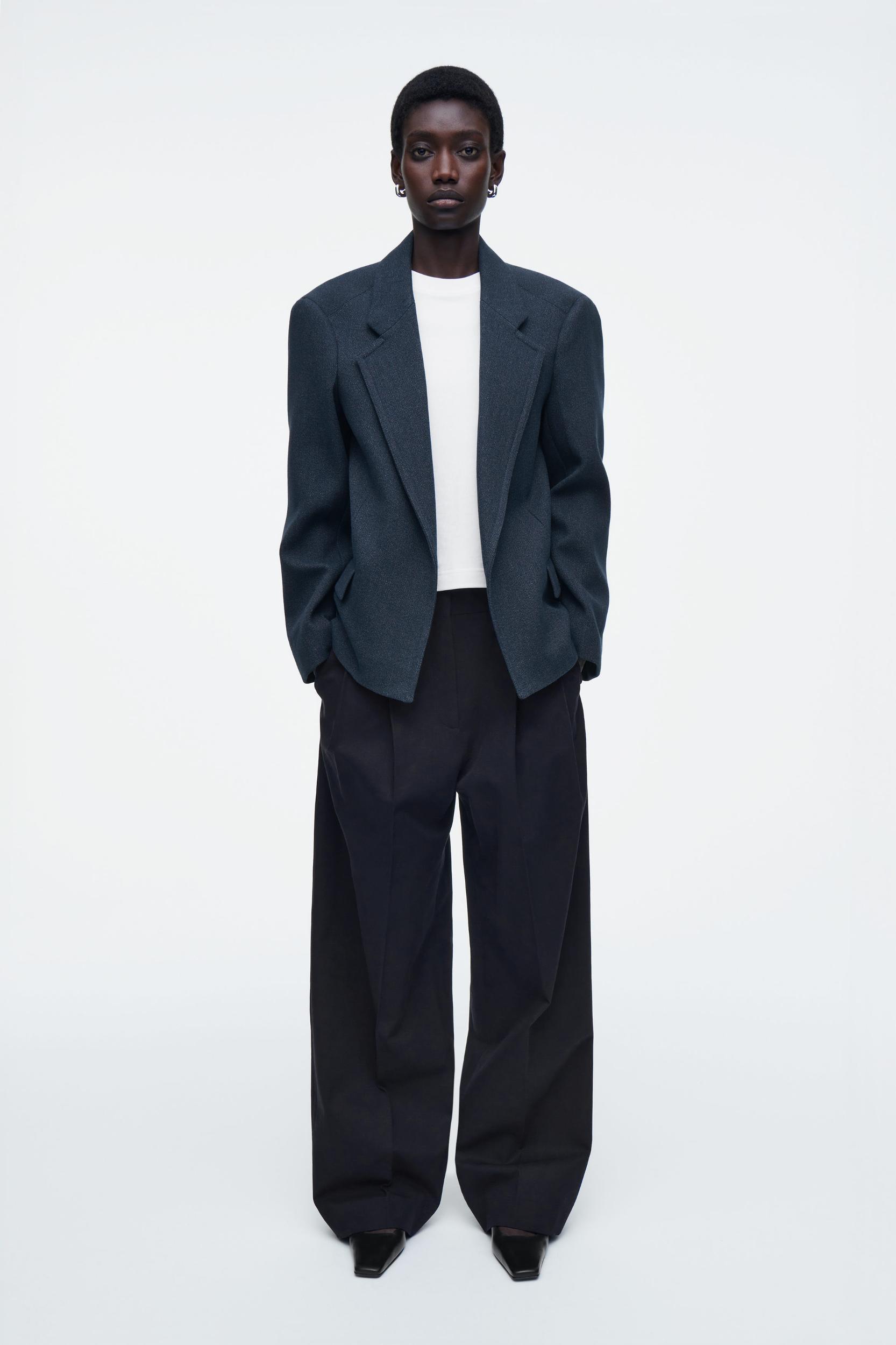 OVERSIZED EXAGGERATED-SHOULDER DENIM-LOOK BLAZER Product Image