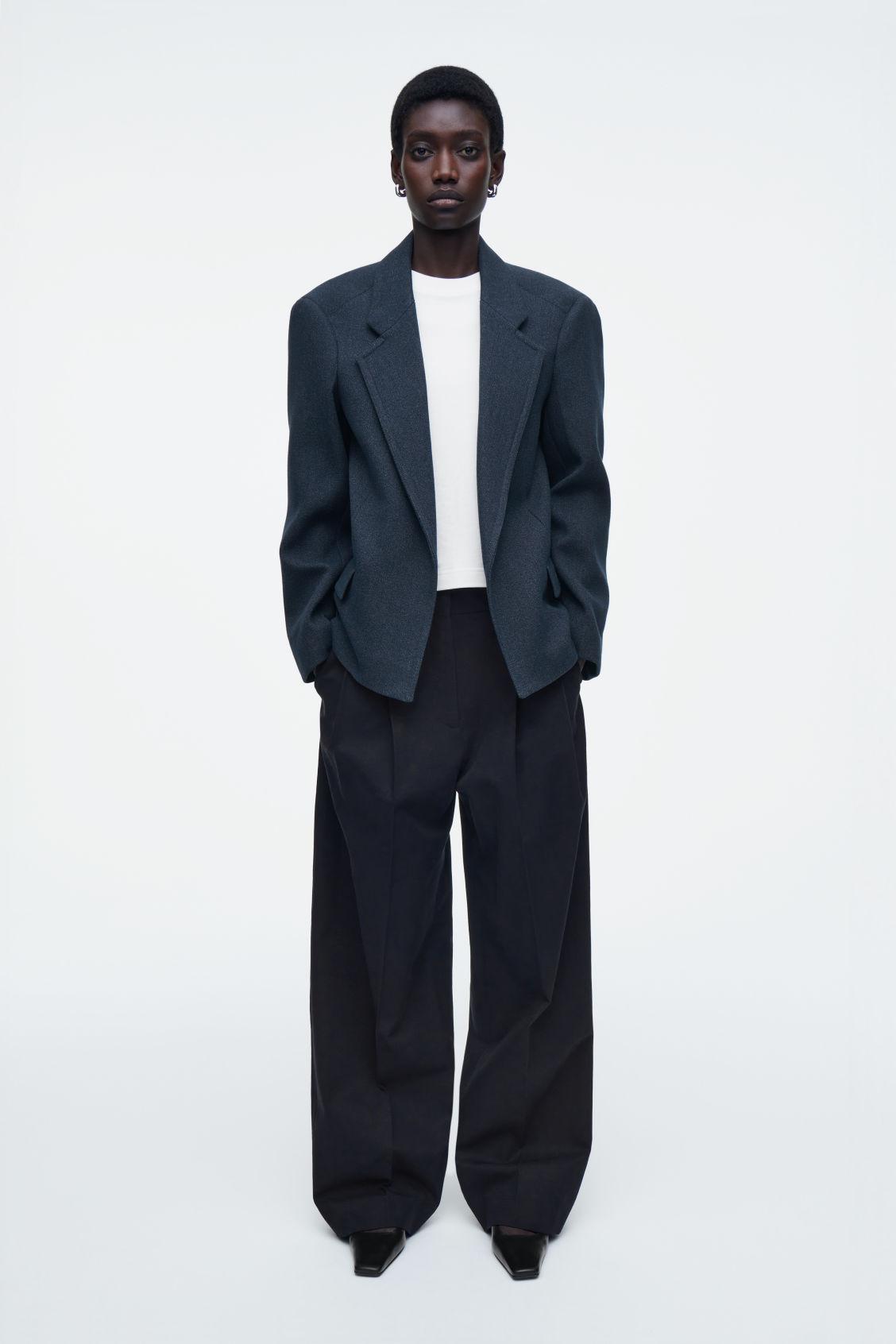 OVERSIZED EXAGGERATED-SHOULDER DENIM-LOOK BLAZER Product Image
