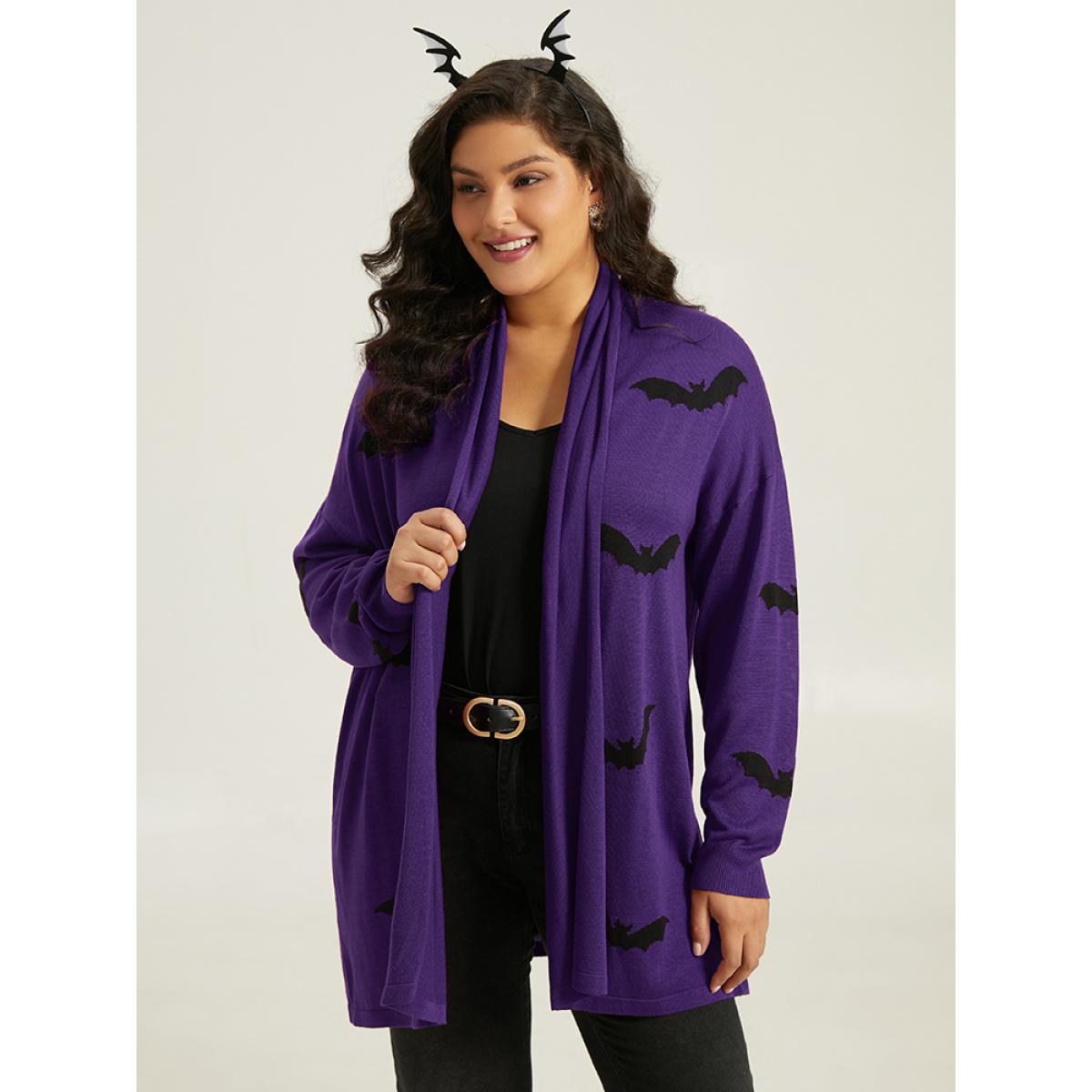 Plus Size Supersoft Essentials Halloween Bat Pattern Lapel Collar Cardigan Blackcurrant Women Casual Loose Long Sleeve Festival-Halloween Cardigans BloomChic 26/4X Product Image