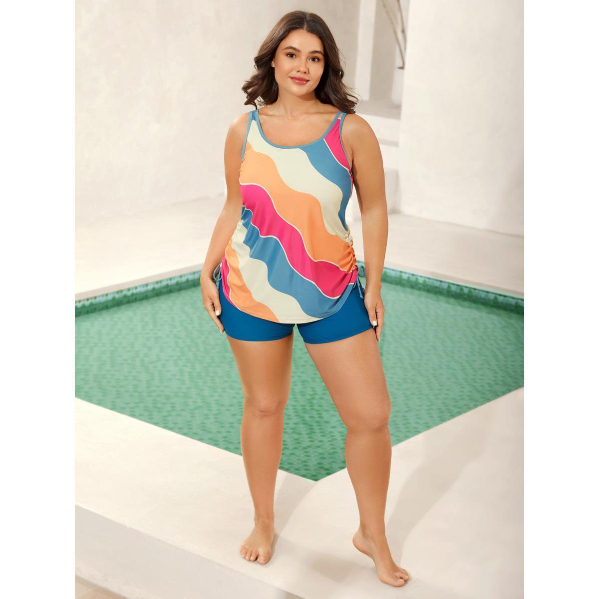Plus Size Wavy Color Block Side Drawstring Swim Top Women's Swimwear Skyblue Beach Contrast High stretch Bodycon U-neck Curve Swim Tops BloomChic 14-16/1X Product Image