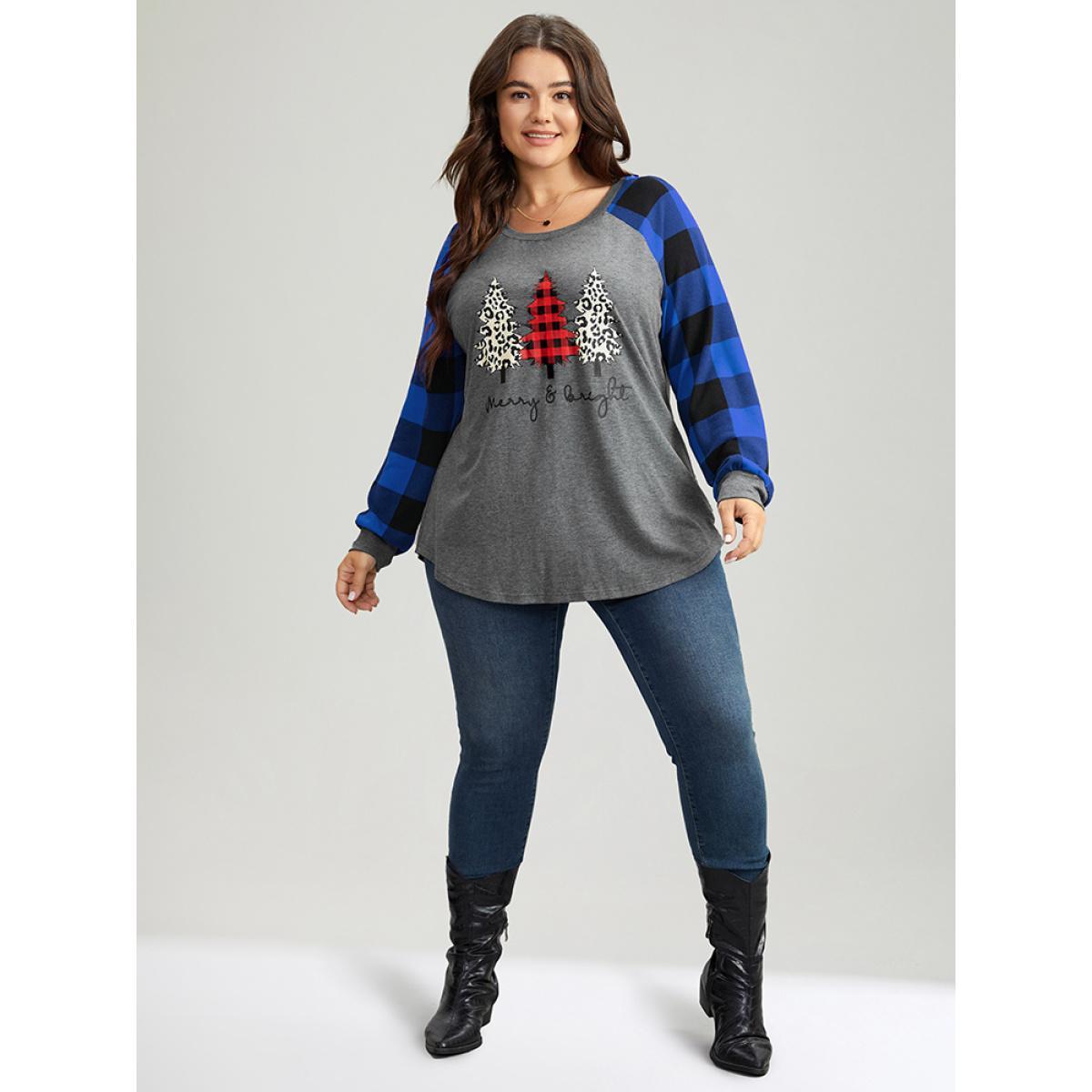 Plus Size Plaid Christmas Trees Round Neck T-shirt Blue Women Casual Contrast Christmas Festival-Christmas T-shirts BloomChic 12/L Product Image