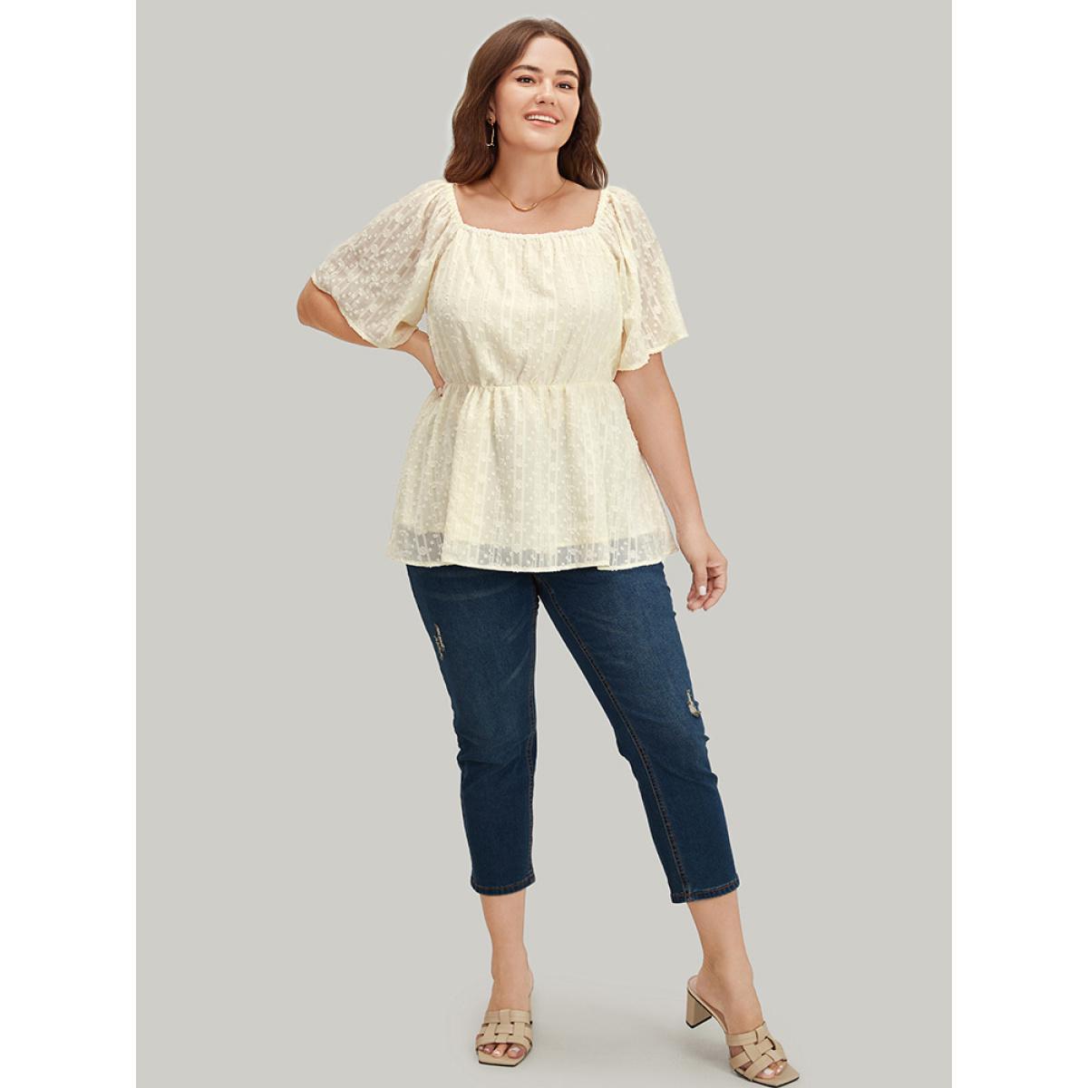 Plus Size Ivory Plisse Mesh Square Neck Elastic Waist Blouse Women Elegant Short sleeve Square Neck Dailywear Blouses BloomChic 10/M Product Image