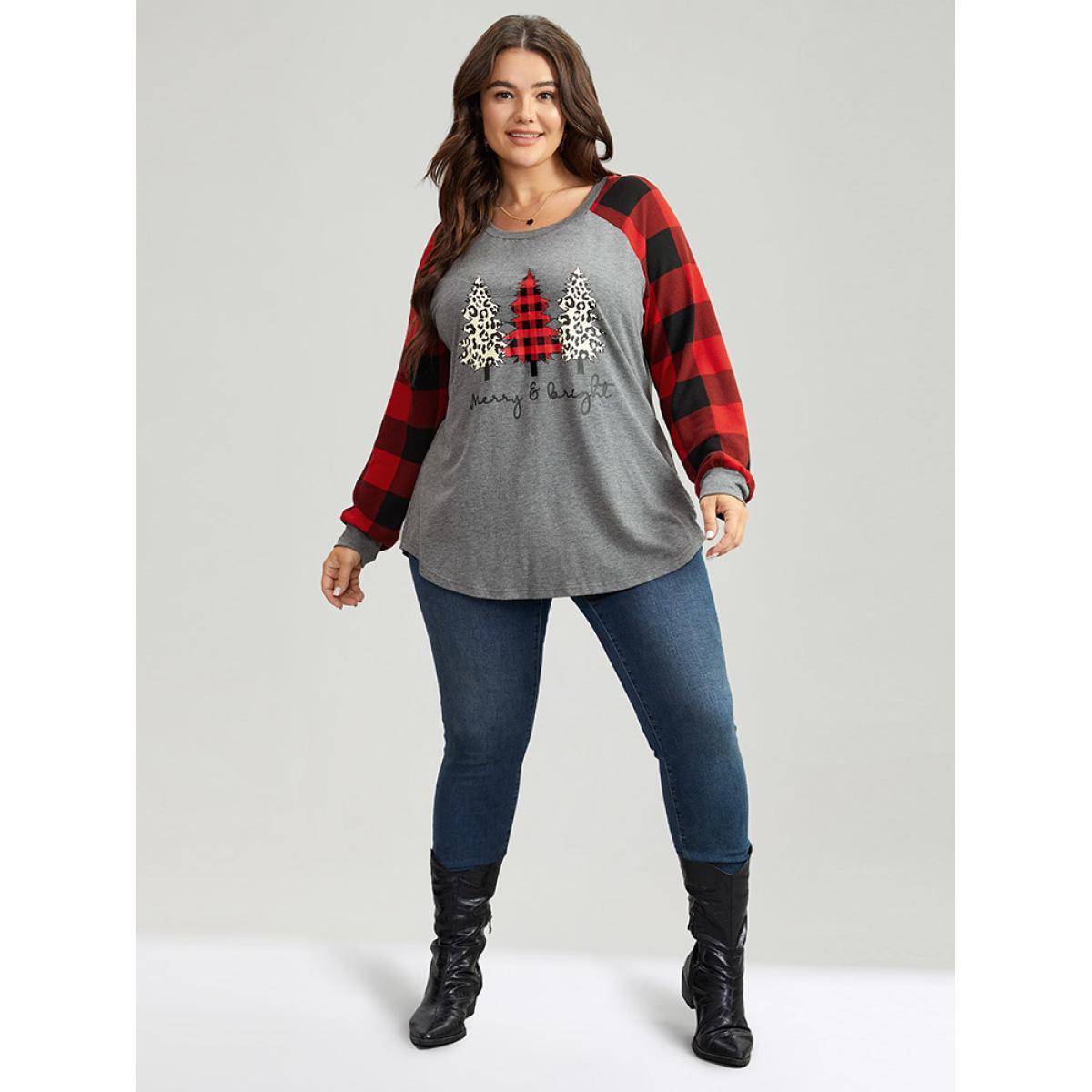 Plus Size Plaid Christmas Trees Round Neck T-shirt Gray Women Casual Contrast Christmas Festival-Christmas T-shirts BloomChic 14-16/1X Product Image