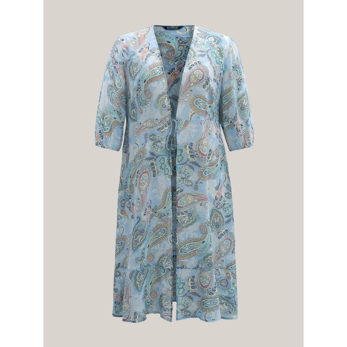 Plus Size Paisley Print Sheer Tied Kimono Cardigan Women LightBlue Resort Tie knot Vacation Kimonos BloomChic 30/6X Product Image