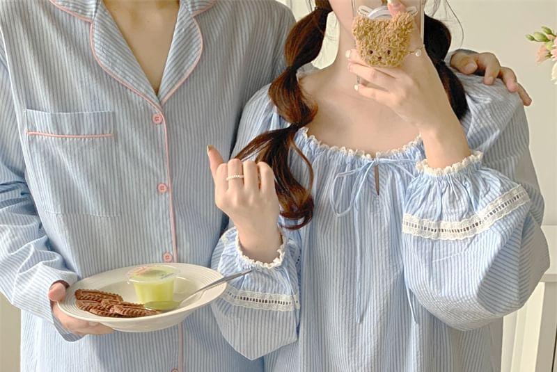 Couple Matching Long Sleeve Scoop Neck Striped Tie-Up Pajama Dress / Collared Shirt / Straight Leg Pants / Set (Various Designs) Product Image