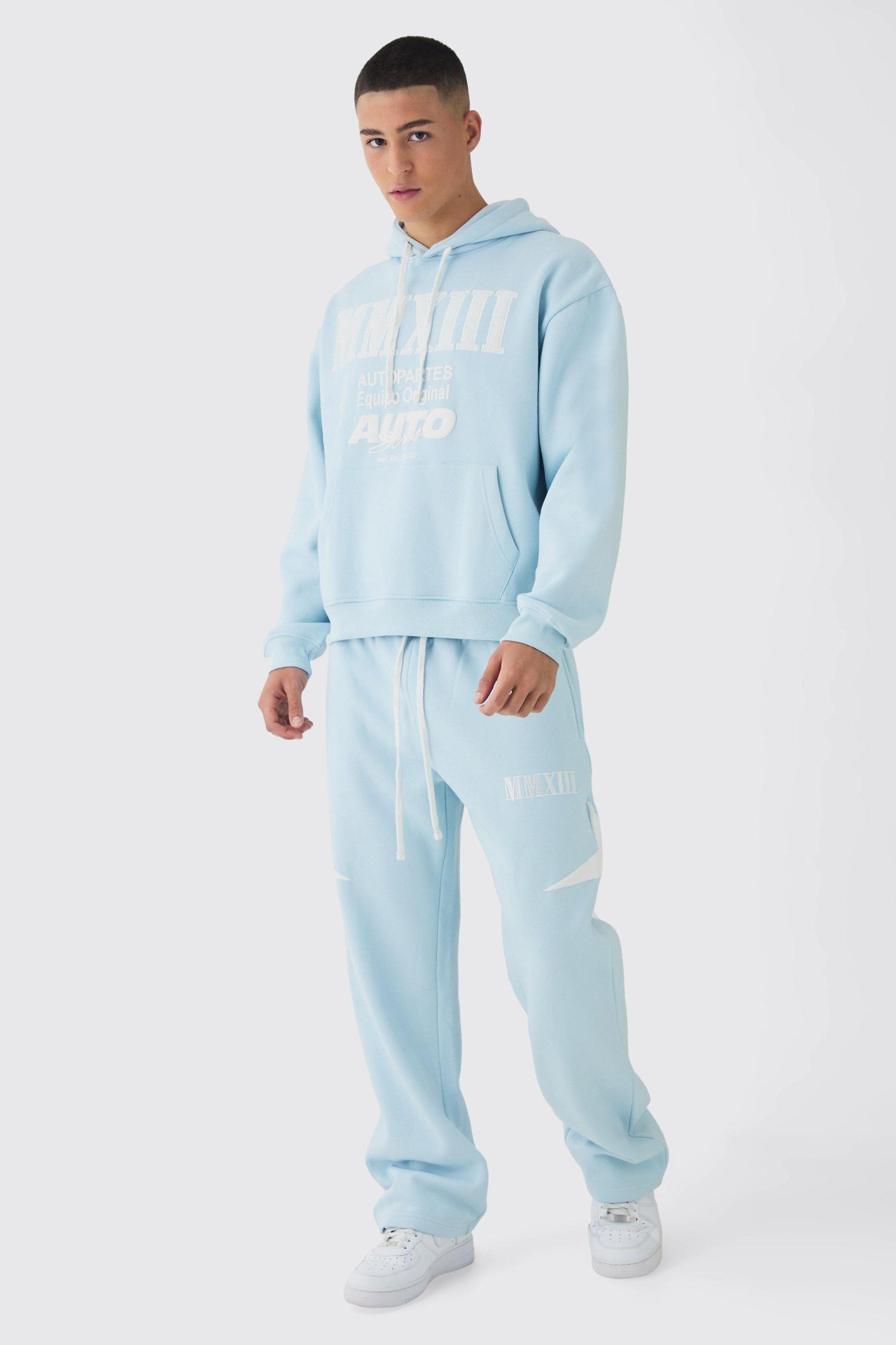 Mens Oversized Boxy Moto Applique Hooded Tracksuit - Blue Product Image