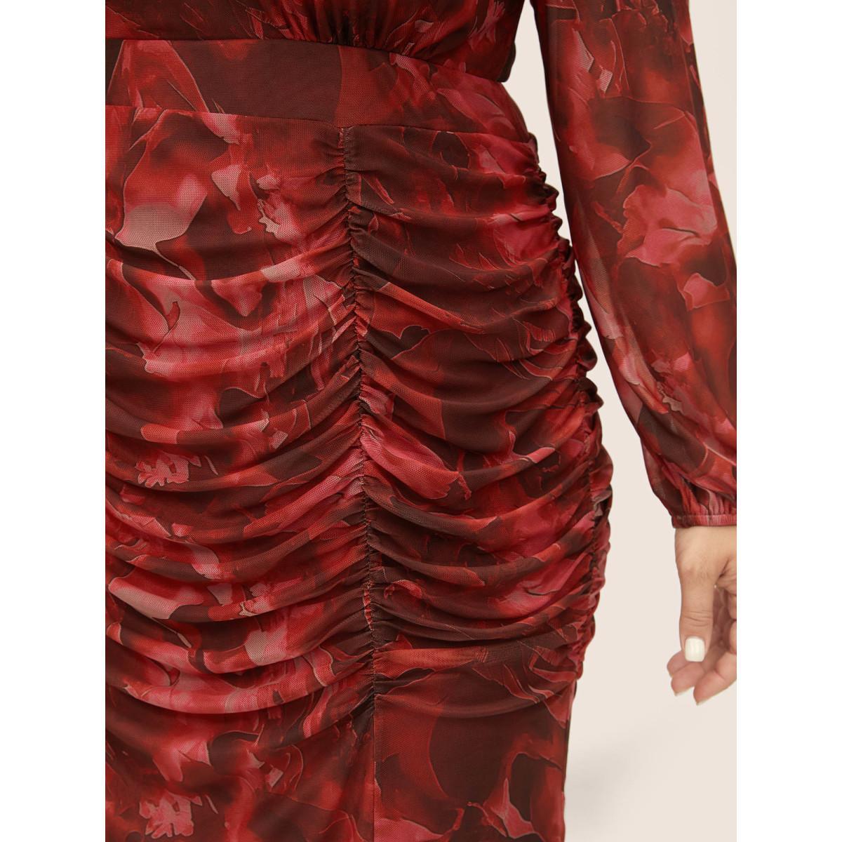 Plus Size Floral Print Pocket Ruched Hem Dress Raspberry Women Elegant Gathered V-neck Long Sleeve Curvy Midi Dress BloomChic 10/M Product Image