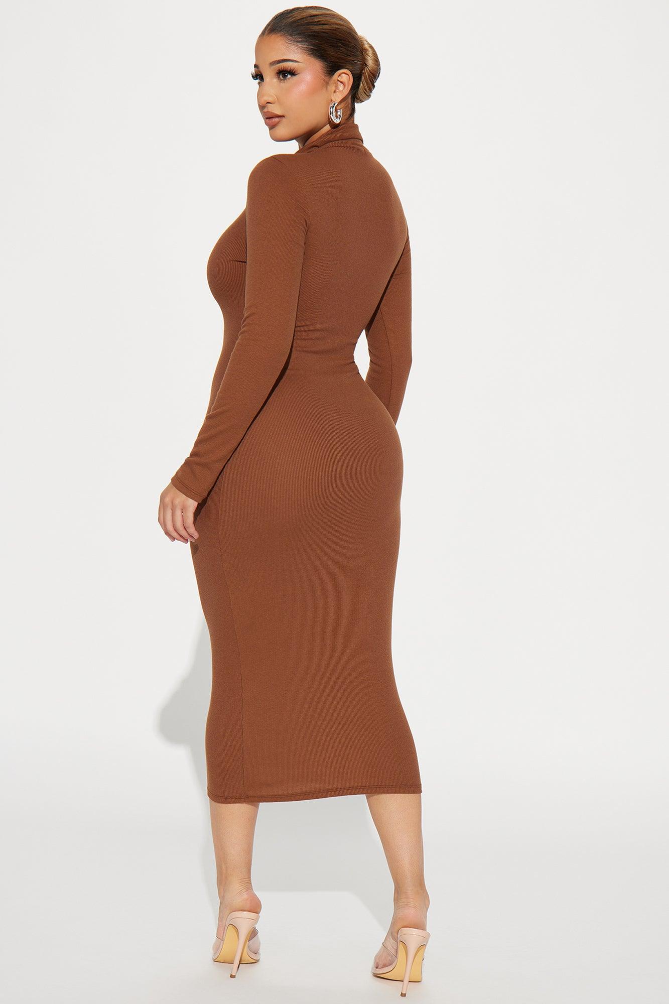 Quynn Quarter Zip Ribbed Midi Dress - Brown Product Image
