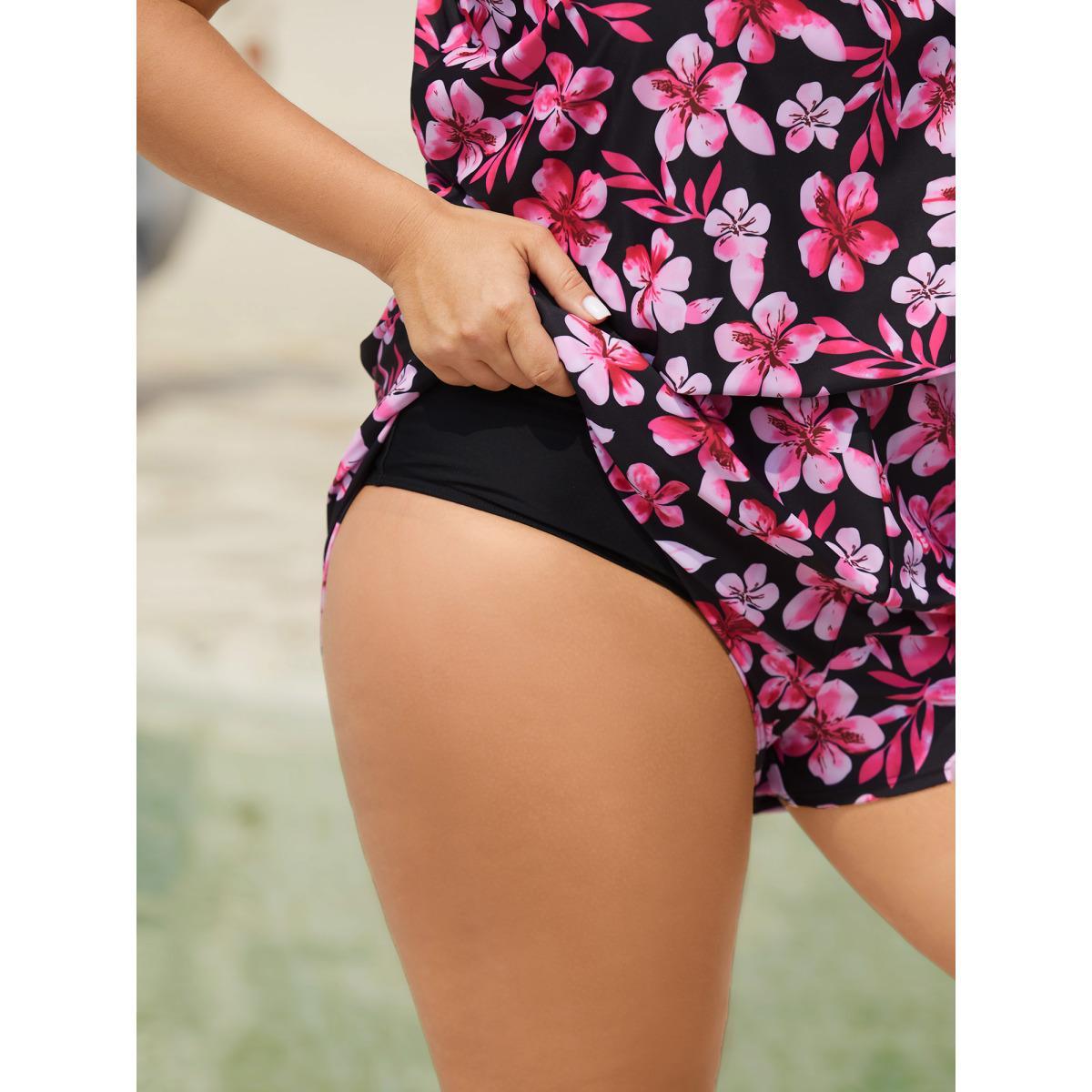 Plus Size Tropical Flower Print Pockets One-Piece Swimsuit Women's Swimwear Rosered Beach Gathered Curve Bathing Suits High stretch One Pieces BloomChic 10/M Product Image