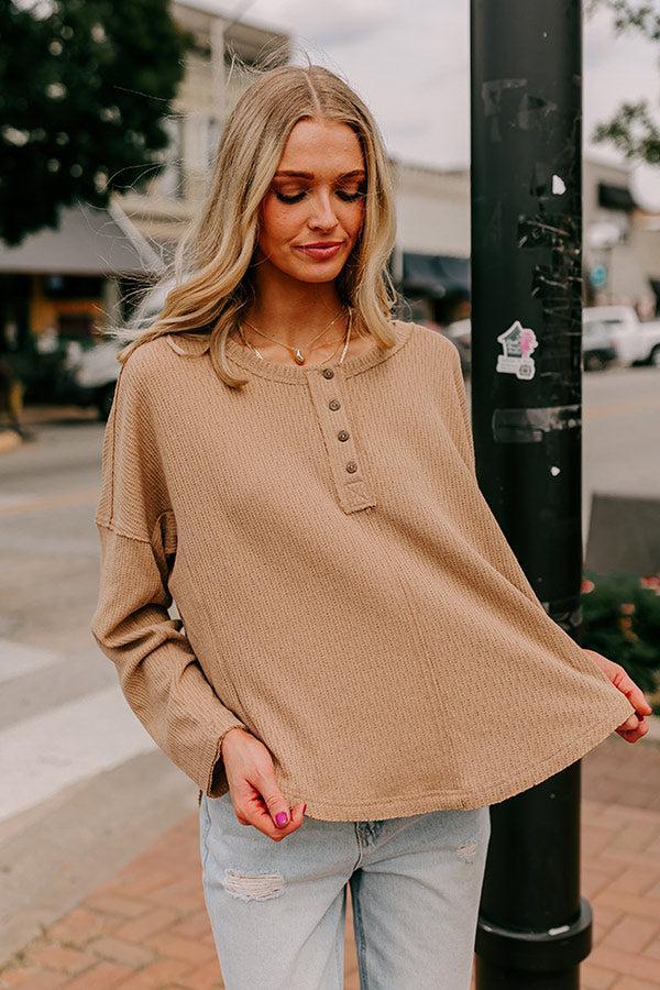 Breezy Times Oversized Henley Top In Taupe Product Image