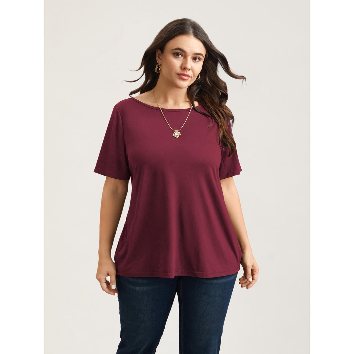 Plus Size Butterfly Back Stretchy Round Neck T-Shirt Burgundy Women Elegant See through Round Neck Everyday T-shirts BloomChic 22-24/3X Product Image