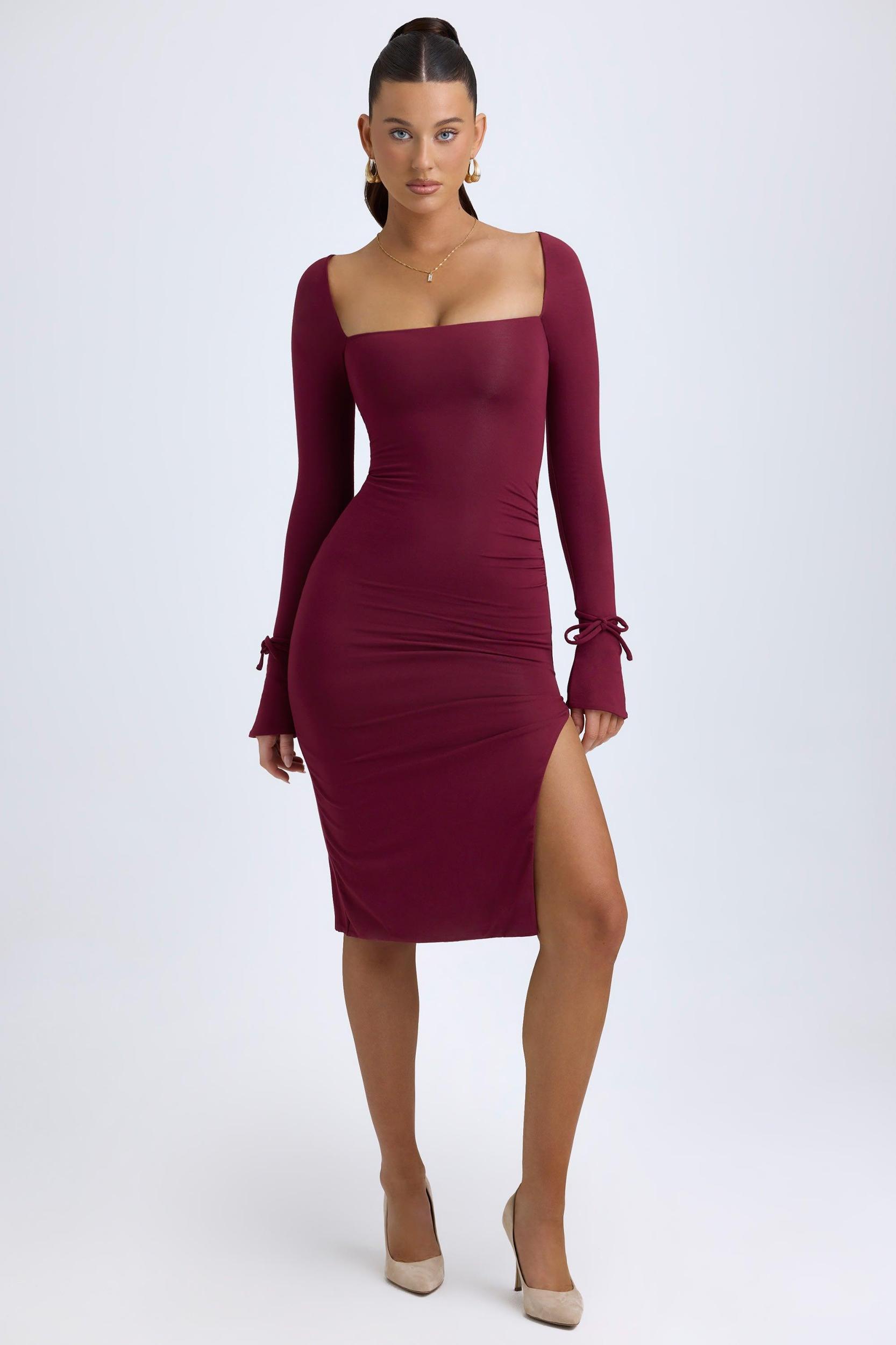 Modal Square-Neck Midi Dress in Wine Red Product Image