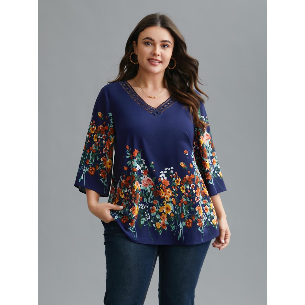 Plus Size Indigo Floral V Neck Cut-Out Lace Blouse Women Elegant Elbow-length sleeve V-neck Everyday Blouses BloomChic 18-20/2X Product Image