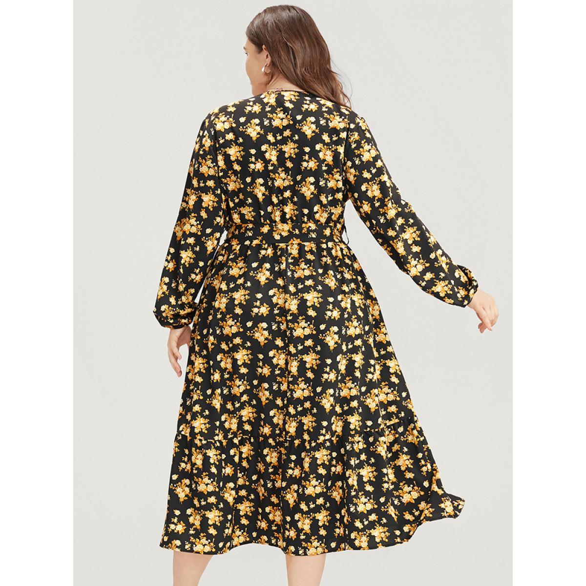 Plus Size Floral Printed Pocket Lantern Sleeve Belted Wrap Midi Dress Black Women Elegant V-neck Long Sleeve Curvy Midi Dress BloomChic 12/L Product Image