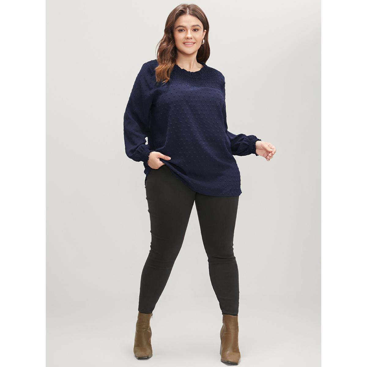 Plus Size Navy Polka Dot Frill Trim Shirred Keyhole Blouse Women Elegant Long Sleeve Round Neck Dailywear Blouses BloomChic 30/6X Product Image
