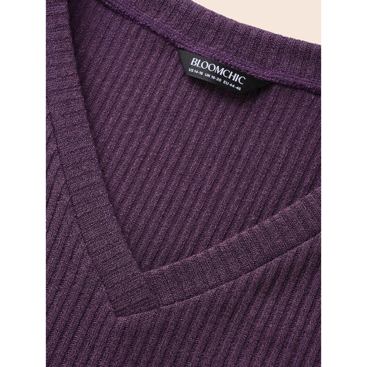 Plus Size Solid Rib Knit Lantern Sleeve Shirred T-shirt Mauve Women Casual Texture V-neck Everyday T-shirts BloomChic 28/5X Product Image